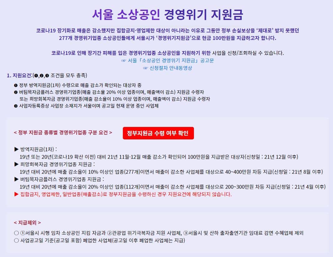 서울시 경영위기지원금 지원대상
